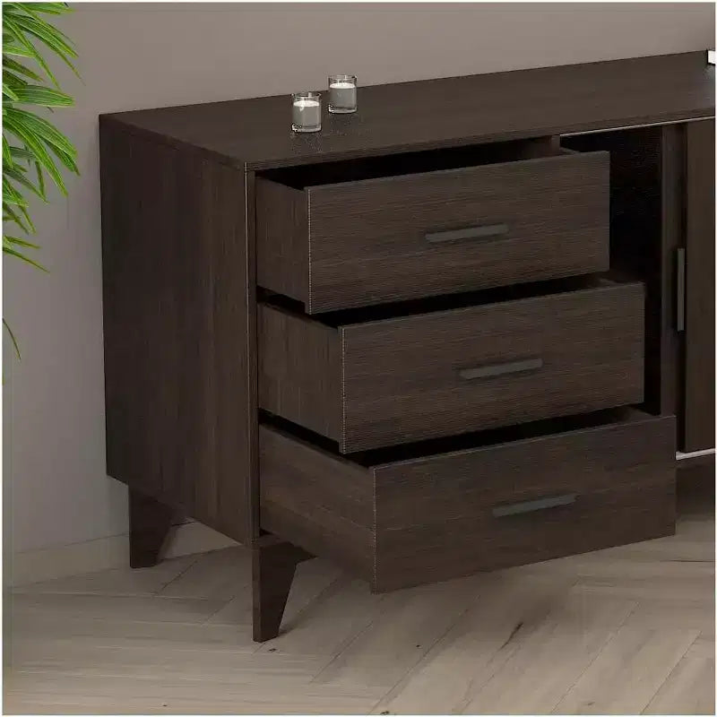 Meuble TV 60" avec portes coulissantes et 3 tiroirs – Brun foncé, compatible jusqu'à 65"
