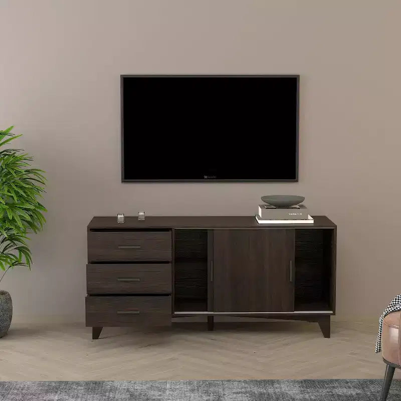 Meuble TV 60" avec portes coulissantes et 3 tiroirs – Brun foncé, compatible jusqu'à 65"