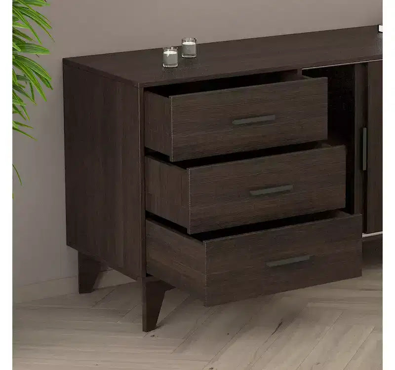 Meuble TV 60" avec portes coulissantes et 3 tiroirs – Brun foncé, compatible jusqu'à 65"