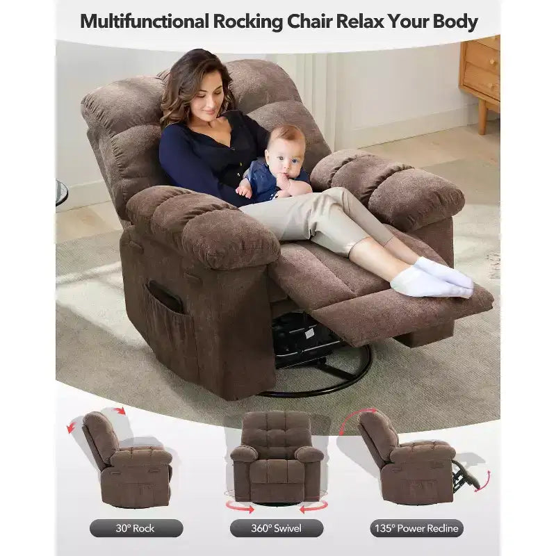 Fauteuil inclinable surdimensionné avec fonction de pivotement à 360° et support de téléphone – Tissu doux