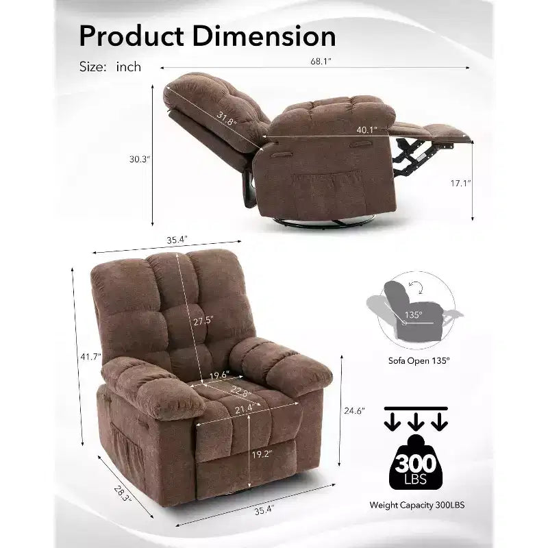 Fauteuil inclinable surdimensionné avec fonction de pivotement à 360° et support de téléphone – Tissu doux