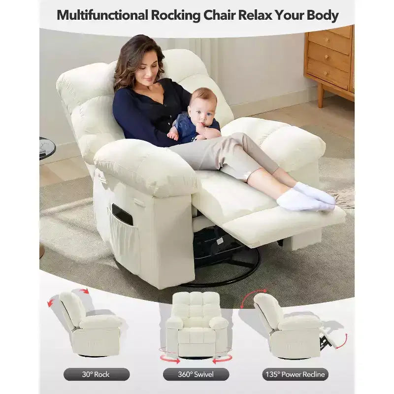 Fauteuil inclinable surdimensionné avec fonction de pivotement à 360° et support de téléphone – Tissu doux