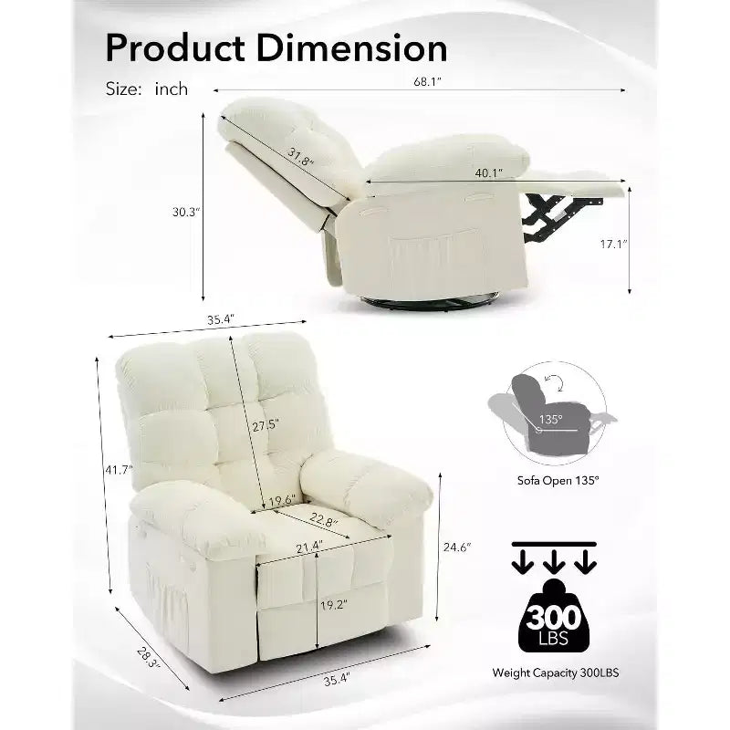 Fauteuil inclinable surdimensionné avec fonction de pivotement à 360° et support de téléphone – Tissu doux