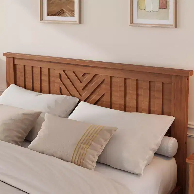 Cadre de lit plateforme en bois avec tête de lit, sommier tapissier double avec support à lattes en bois, pas besoin de sommier à ressorts, assemblage facile, marron clair