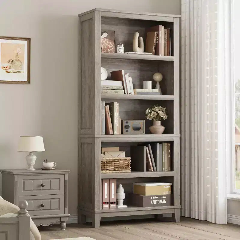 Bibliothèque de ferme 71, 5 étagères réglables, 31,5W x 11,8D, Grain de bois rustique, pour salon, bureau, bibliothèque (Gris, Large)