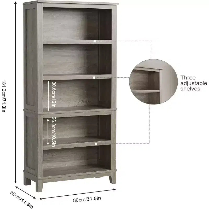 Bibliothèque de ferme 71, 5 étagères réglables, 31,5W x 11,8D, Grain de bois rustique, pour salon, bureau, bibliothèque (Gris, Large)