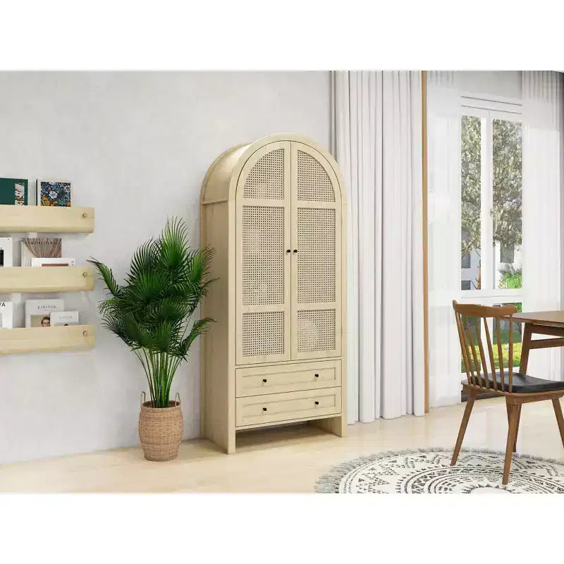 Meuble de garde-manger de cuisine arqué de 70 po avec portes en rotin et 2 tiroirs – Naturel