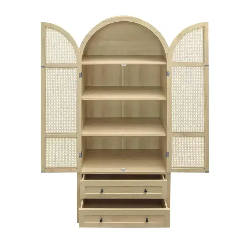 Meuble de garde-manger de cuisine arqué de 70 po avec portes en rotin et 2 tiroirs – Naturel