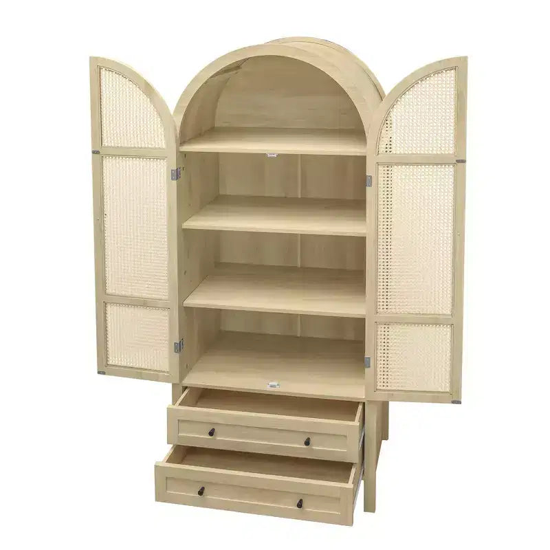 Meuble de garde-manger de cuisine arqué de 70 po avec portes en rotin et 2 tiroirs – Naturel