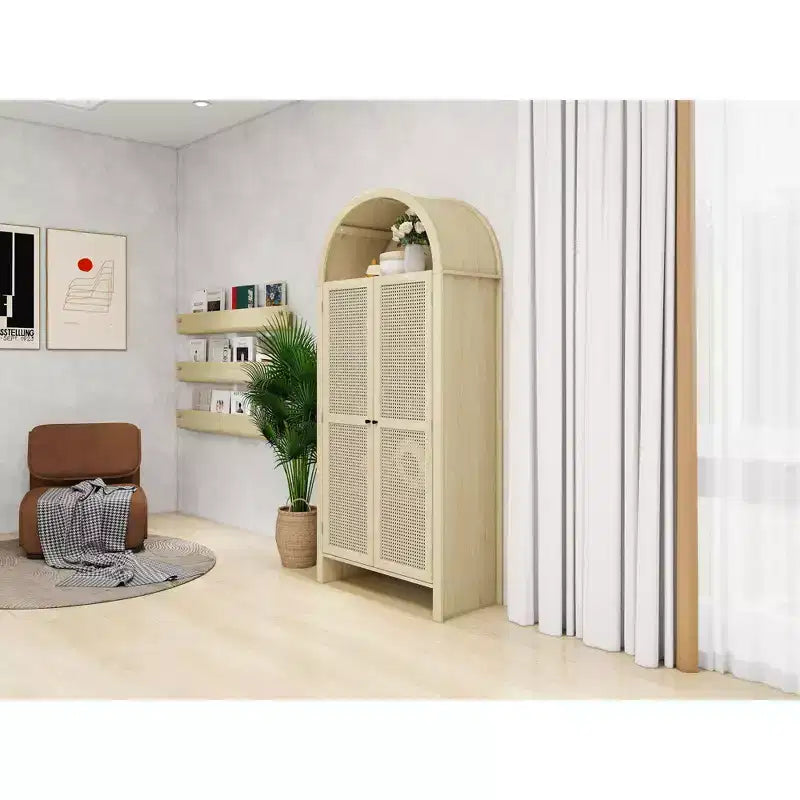 Meuble de garde-manger de cuisine arqué de 70 po avec portes en rotin et 2 tiroirs – Naturel