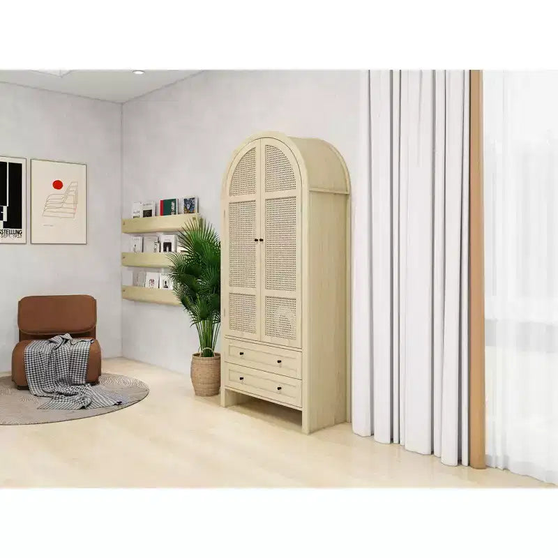 Meuble de garde-manger de cuisine arqué de 70 po avec portes en rotin et 2 tiroirs – Naturel