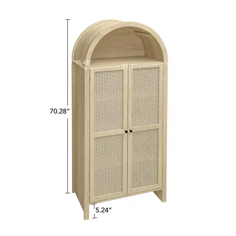 Meuble de garde-manger de cuisine arqué de 70 po avec portes en rotin et 2 tiroirs – Naturel