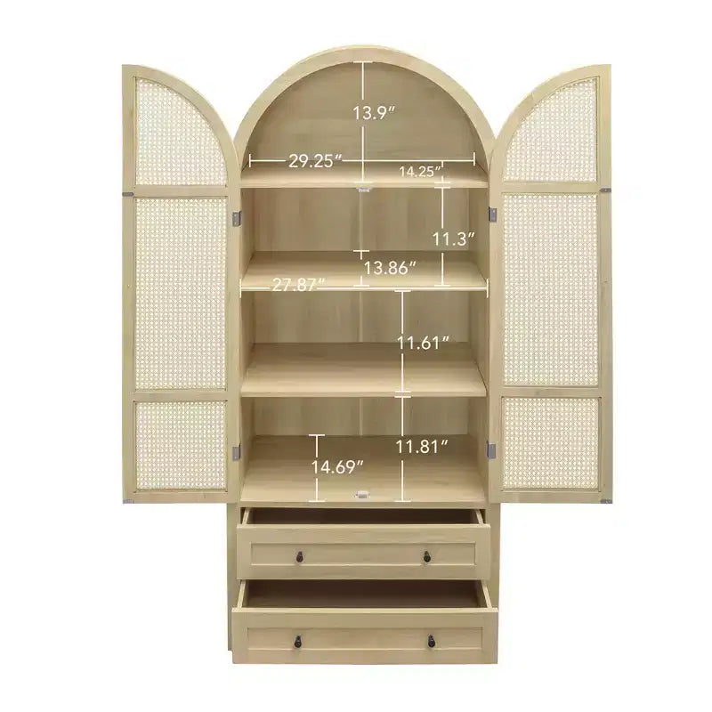 Meuble de garde-manger de cuisine arqué de 70 po avec portes en rotin et 2 tiroirs – Naturel
