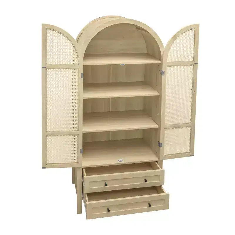 Meuble de garde-manger de cuisine arqué de 70 po avec portes en rotin et 2 tiroirs – Naturel