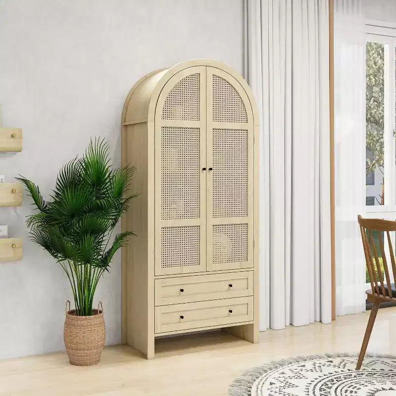 Meuble de garde-manger de cuisine arqué de 70 po avec portes en rotin et 2 tiroirs – Naturel