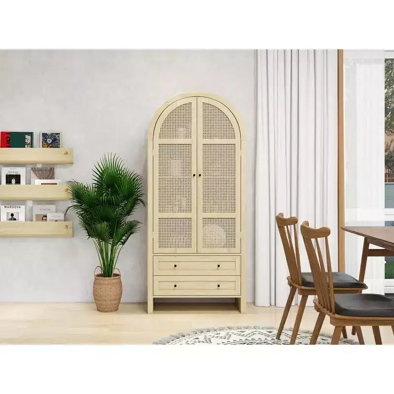 Meuble de garde-manger de cuisine arqué de 70 po avec portes en rotin et 2 tiroirs – Naturel