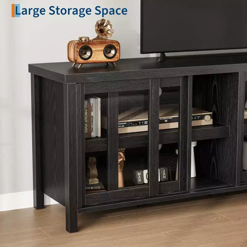 Meuble TV pour 65 pouces, meuble de divertissement élégant avec armoire de rangement et 4 portes coulissantes en verre, console TV moderne pour salon, chambre à coucher