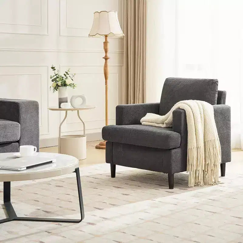 Fauteuil d'appoint surdimensionné Mid-Century, Fauteuil capitonné en lin avec coussin épais – Gris