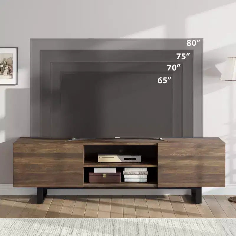 Meuble TV industriel pour téléviseur de 75 pouces, centre de divertissement naturel avec 2 tiroirs et pieds de support robustes, meuble TV en bois