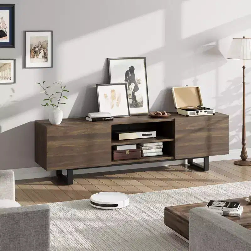 Meuble TV industriel pour téléviseur de 75 pouces, centre de divertissement naturel avec 2 tiroirs et pieds de support robustes, meuble TV en bois