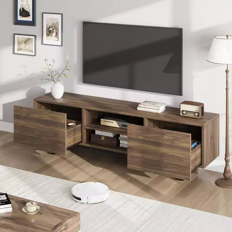Meuble TV industriel pour téléviseur de 75 pouces, centre de divertissement naturel avec 2 tiroirs et pieds de support robustes, meuble TV en bois