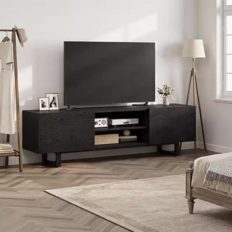 Meuble TV industriel pour téléviseur de 75 pouces, centre de divertissement naturel avec 2 tiroirs et pieds de support robustes, meuble TV en bois