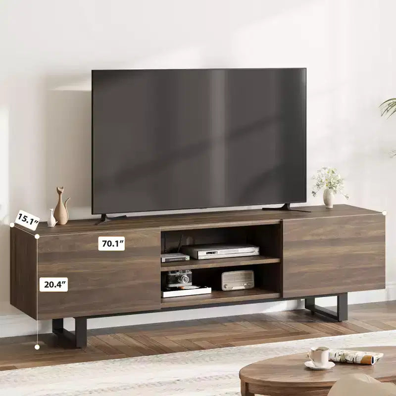 Meuble TV industriel pour téléviseur de 75 pouces, centre de divertissement naturel avec 2 tiroirs et pieds de support robustes, meuble TV en bois