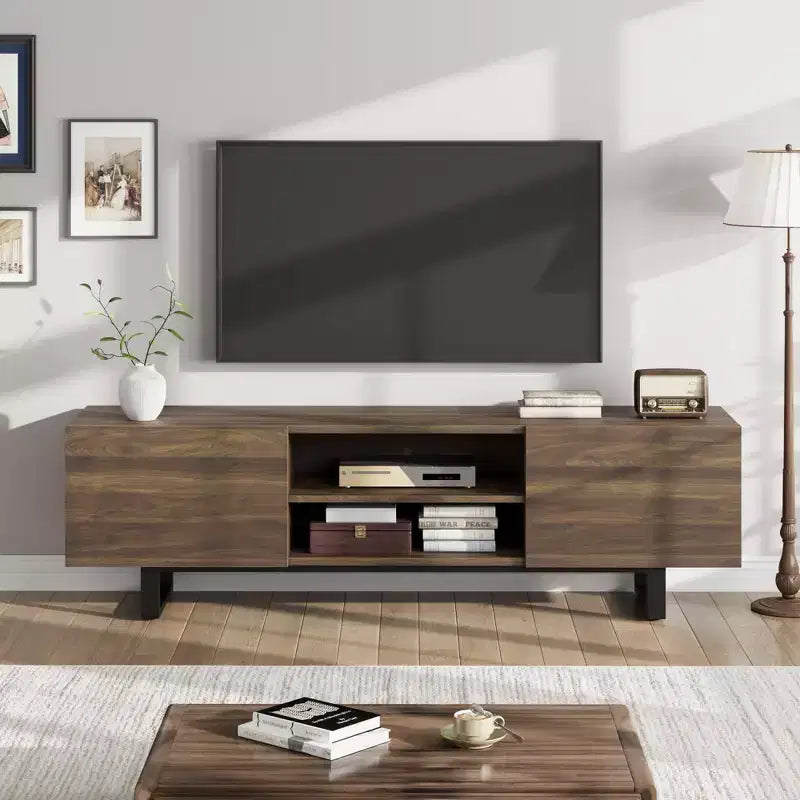 Meuble TV industriel pour téléviseur de 75 pouces, centre de divertissement naturel avec 2 tiroirs et pieds de support robustes, meuble TV en bois