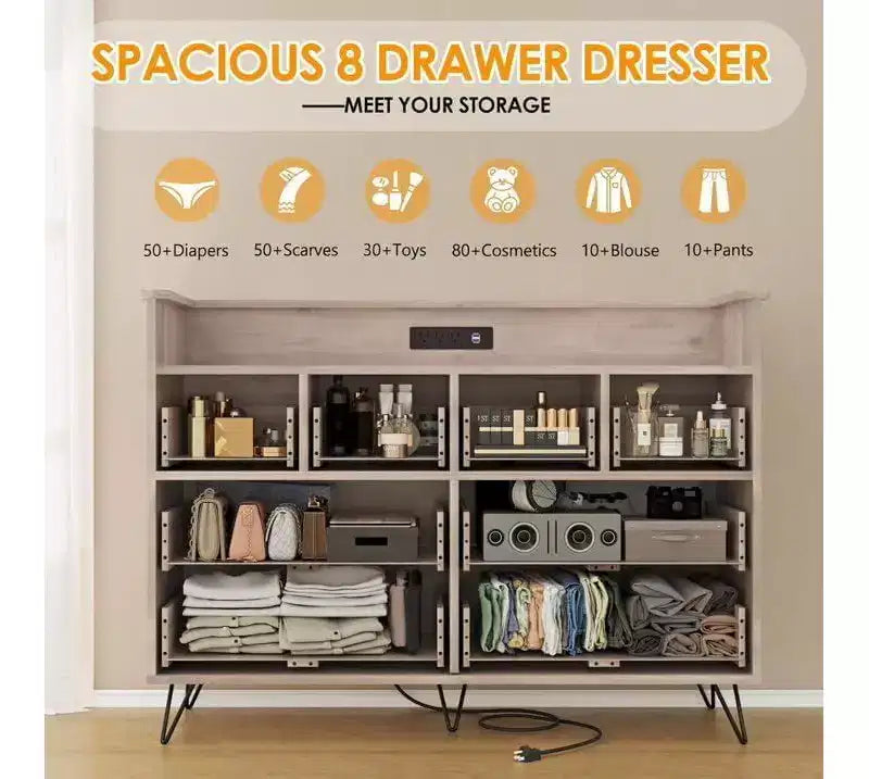 Commode à 8 tiroirs Meuble TV avec station de charge - Meuble de rangement noir pour chambre à coucher et salon