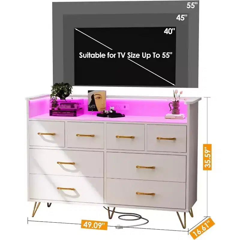Commode à 8 tiroirs Meuble TV avec station de charge - Meuble de rangement noir pour chambre à coucher et salon