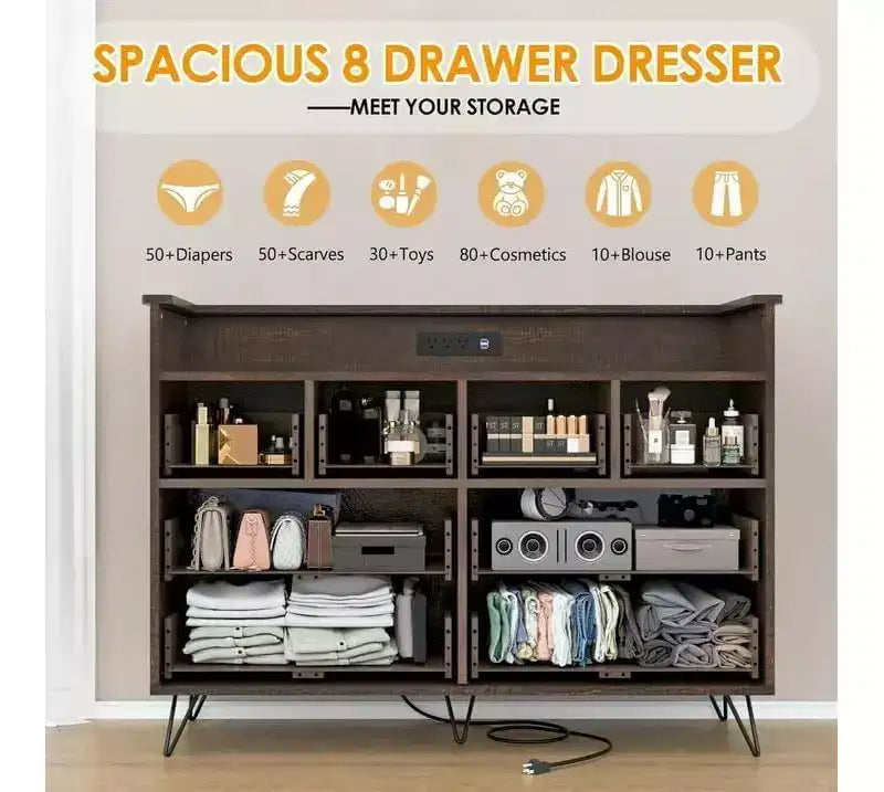 Commode à 8 tiroirs Meuble TV avec station de charge - Meuble de rangement noir pour chambre à coucher et salon