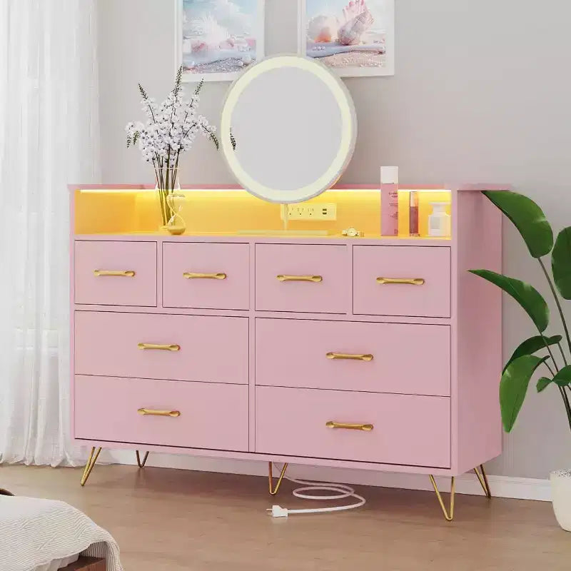 Commode à 8 tiroirs Meuble TV avec station de charge - Meuble de rangement noir pour chambre à coucher et salon