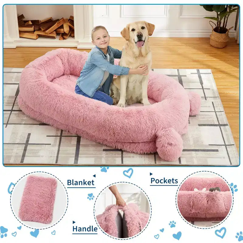 Lit pour chien humain, 180 x 114 x 30 cm, grand lit pour chien avec couverture, poches de rangement, poignée portable, housse amovible, lit pour animal de compagnie taille humaine pour adulte