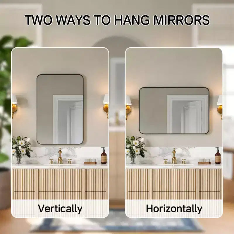 Miroir de salle de bain mat, miroir de courtoisie rectangulaire arrondi pour au-dessus de l'évier, miroir mural, verre trempé HD et cadre en aluminium antirouille