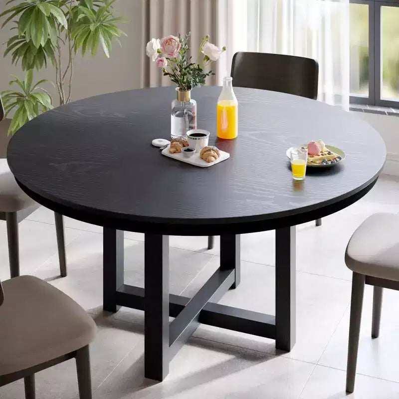 PexFix 52 x 52 Solid Wood Farmhouse Dining Table Round Wood Texture Top with Cross X Base for Modern Dining Rooms & Family Gatherings Black