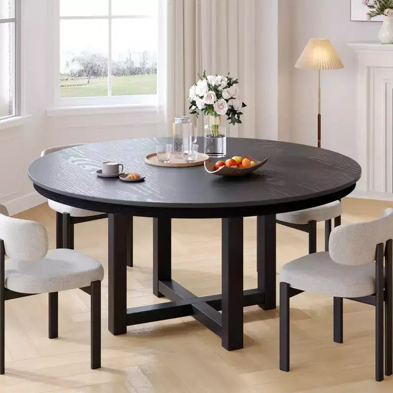 Table à manger ronde 52" en bois massif style ferme, piètement en X, 6 places – Noire