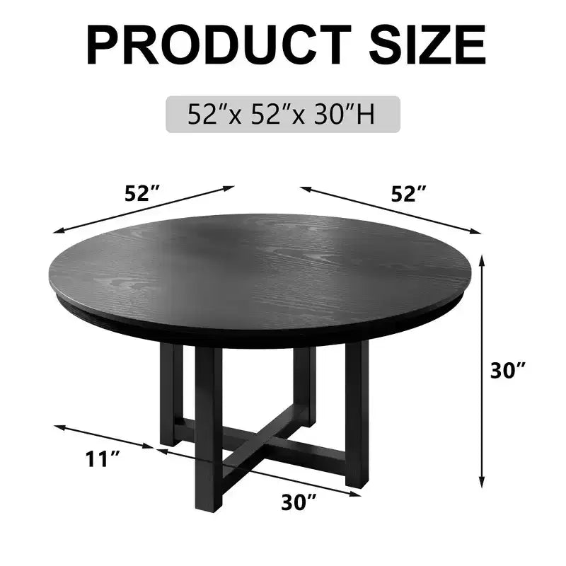 Table à manger ronde 52" en bois massif style ferme, piètement en X, 6 places – Noire
