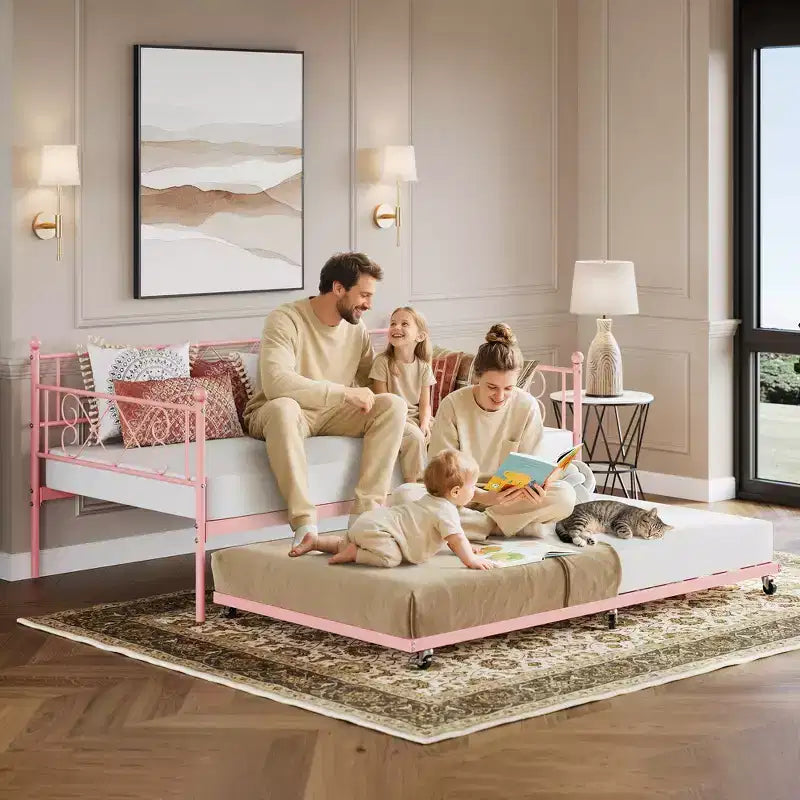 Lit de repos avec lit gigogne, cadre de lit jumeau en métal avec tête de lit, plateforme de sommier multifonctionnelle, canapé-lit pour chambre à coucher, salon, chambre d'amis