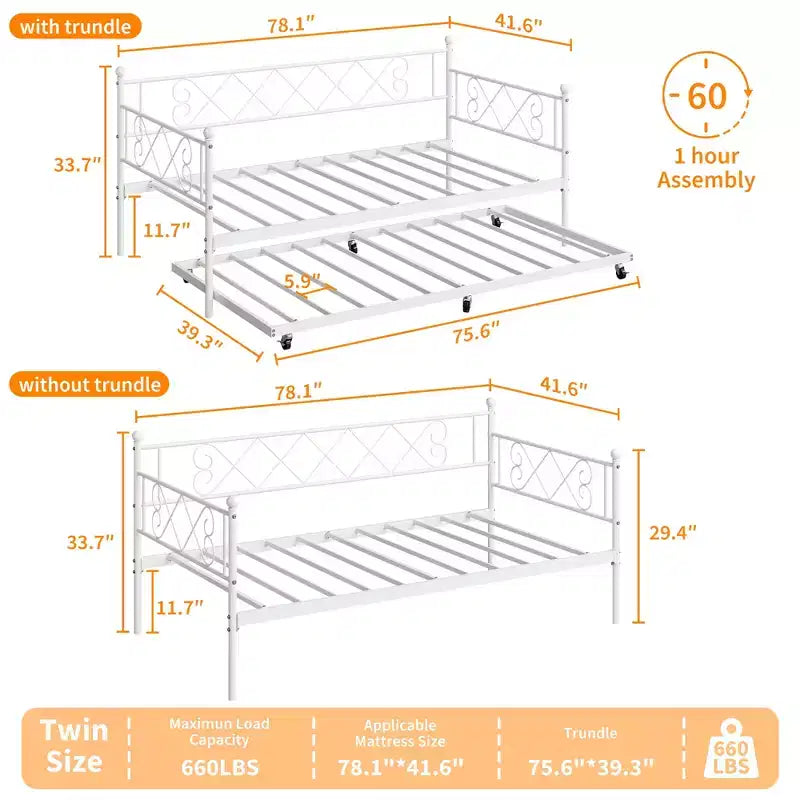 Lit de repos avec lit gigogne, cadre de lit jumeau en métal avec tête de lit, plateforme de sommier multifonctionnelle, canapé-lit pour chambre à coucher, salon, chambre d'amis