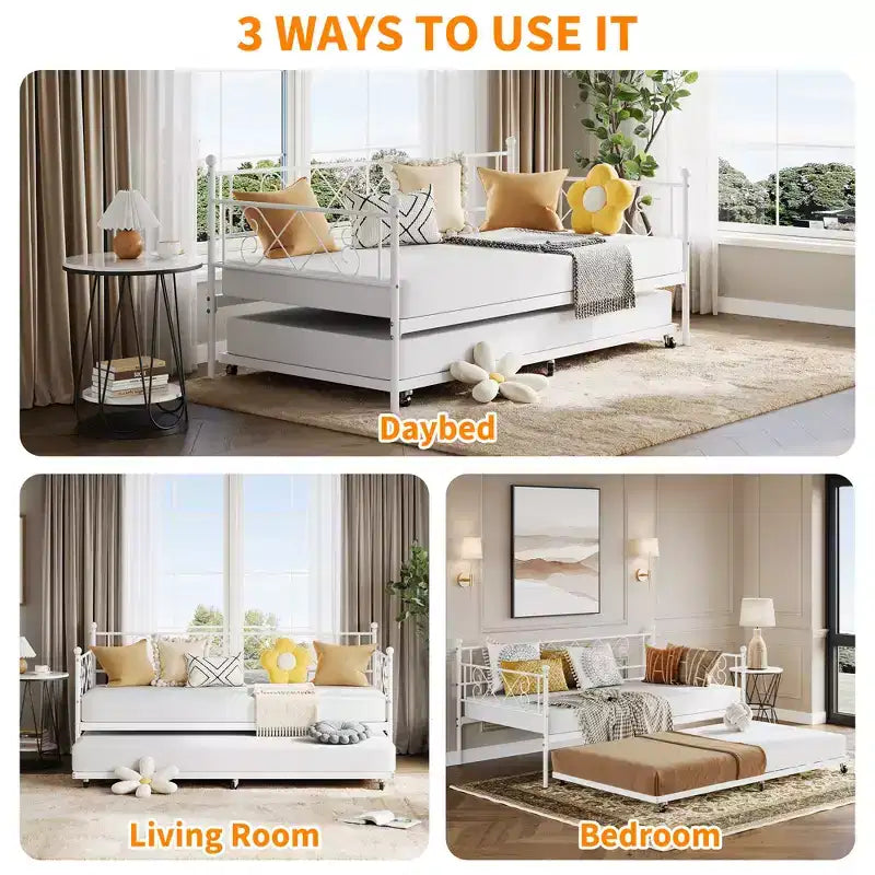 Lit de repos avec lit gigogne, cadre de lit jumeau en métal avec tête de lit, plateforme de sommier multifonctionnelle, canapé-lit pour chambre à coucher, salon, chambre d'amis