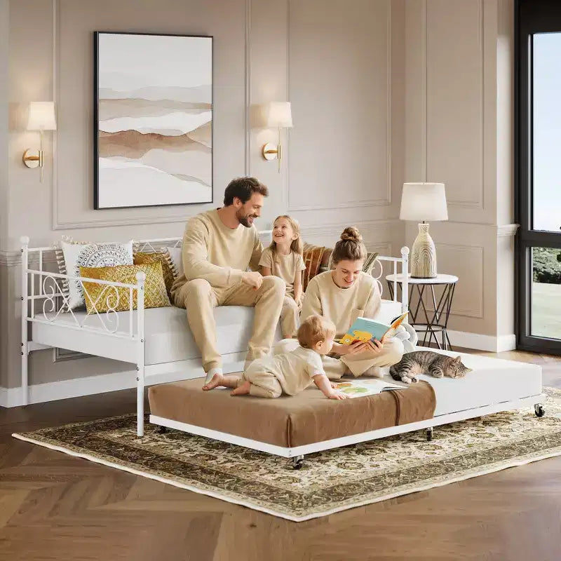 Lit de repos avec lit gigogne, cadre de lit jumeau en métal avec tête de lit, plateforme de sommier multifonctionnelle, canapé-lit pour chambre à coucher, salon, chambre d'amis
