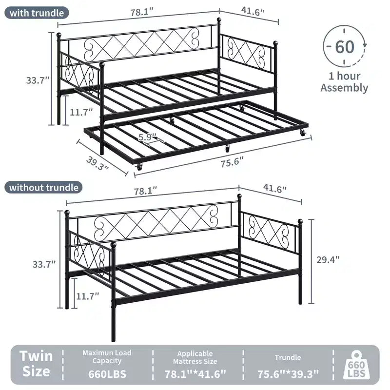 Lit de repos avec lit gigogne, cadre de lit jumeau en métal avec tête de lit, plateforme de sommier multifonctionnelle, canapé-lit pour chambre à coucher, salon, chambre d'amis