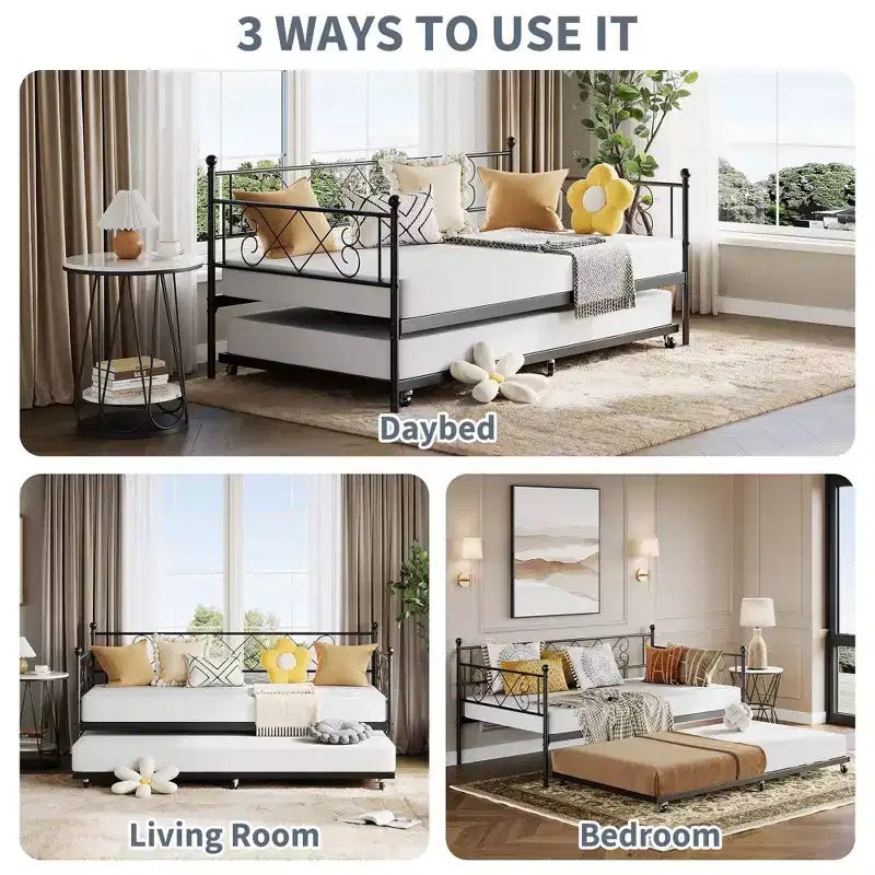 Lit de repos avec lit gigogne, cadre de lit jumeau en métal avec tête de lit, plateforme de sommier multifonctionnelle, canapé-lit pour chambre à coucher, salon, chambre d'amis