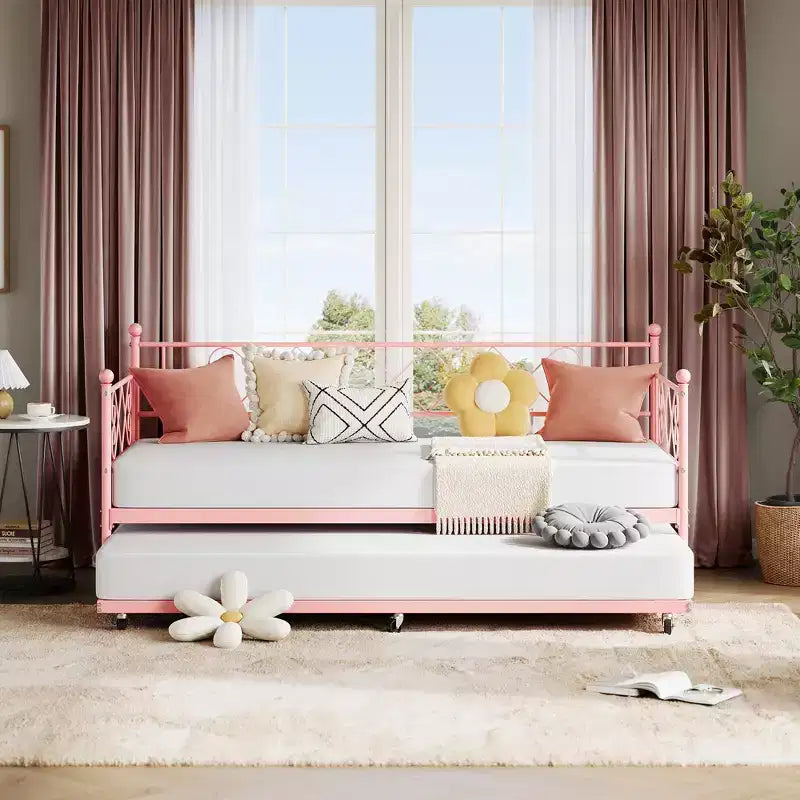 Lit de repos avec lit gigogne, cadre de lit jumeau en métal avec tête de lit, plateforme de sommier multifonctionnelle, canapé-lit pour chambre à coucher, salon, chambre d'amis