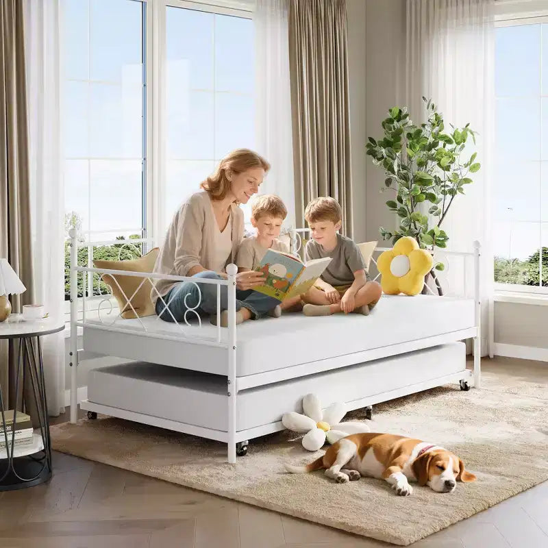 Lit de repos avec lit gigogne, cadre de lit jumeau en métal avec tête de lit, plateforme de sommier multifonctionnelle, canapé-lit pour chambre à coucher, salon, chambre d'amis