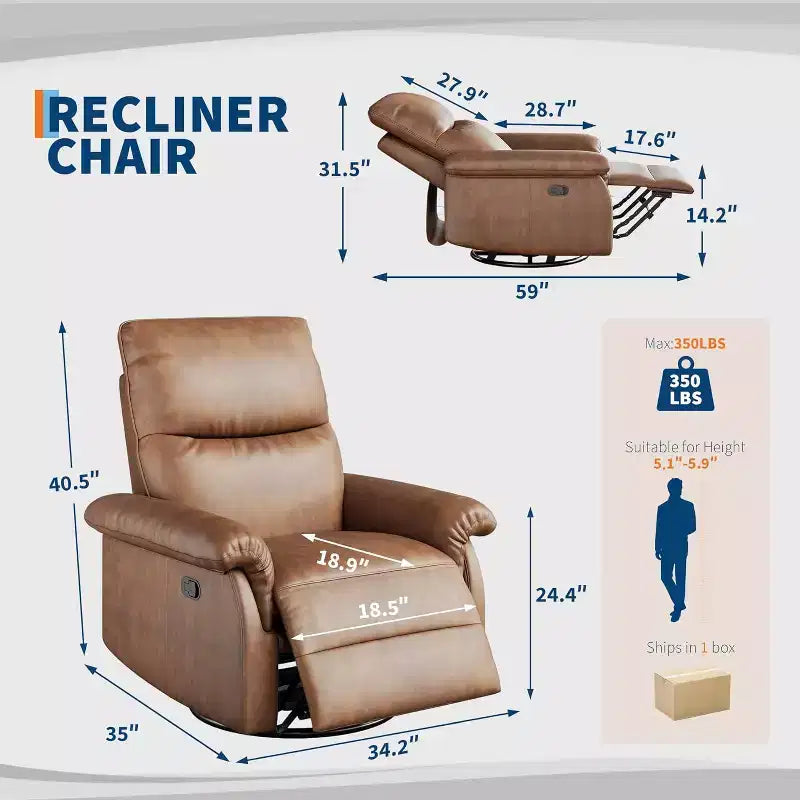 Fauteuil inclinable manuel, fauteuil d'allaitement à bascule et pivotant à 360° avec accoudoirs rembourrés et assise profonde, fauteuil inclinable moderne en cuir PU