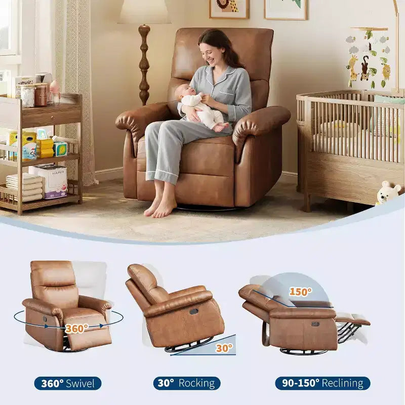 Fauteuil inclinable manuel, fauteuil d'allaitement à bascule et pivotant à 360° avec accoudoirs rembourrés et assise profonde, fauteuil inclinable moderne en cuir PU