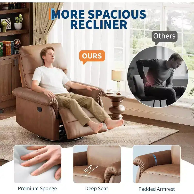 Fauteuil inclinable manuel, fauteuil d'allaitement à bascule et pivotant à 360° avec accoudoirs rembourrés et assise profonde, fauteuil inclinable moderne en cuir PU