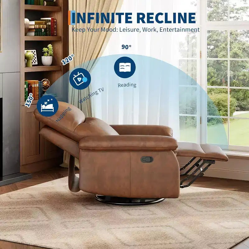 Fauteuil inclinable manuel, fauteuil d'allaitement à bascule et pivotant à 360° avec accoudoirs rembourrés et assise profonde, fauteuil inclinable moderne en cuir PU