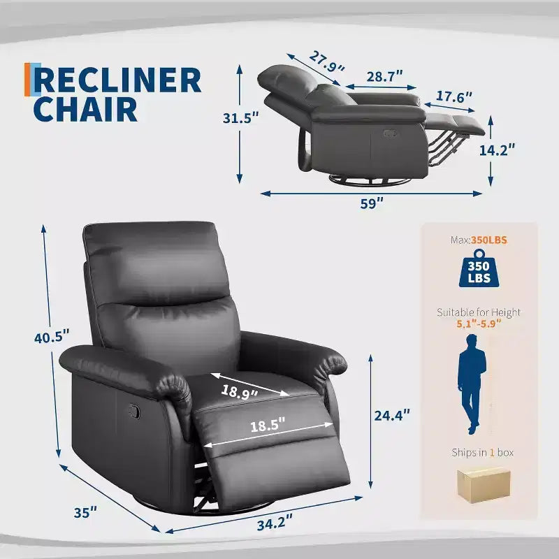 Fauteuil inclinable manuel, fauteuil d'allaitement à bascule et pivotant à 360° avec accoudoirs rembourrés et assise profonde, fauteuil inclinable moderne en cuir PU